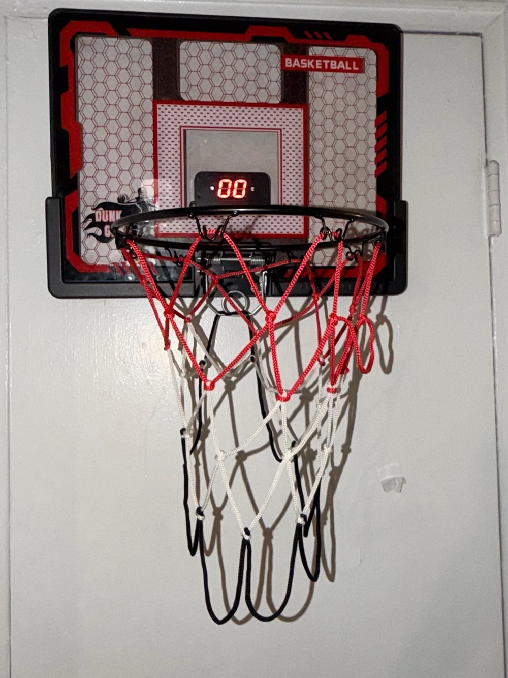 Over-the-Door Mini Basketball Hoop with Red, White & Black Net + 4 balls